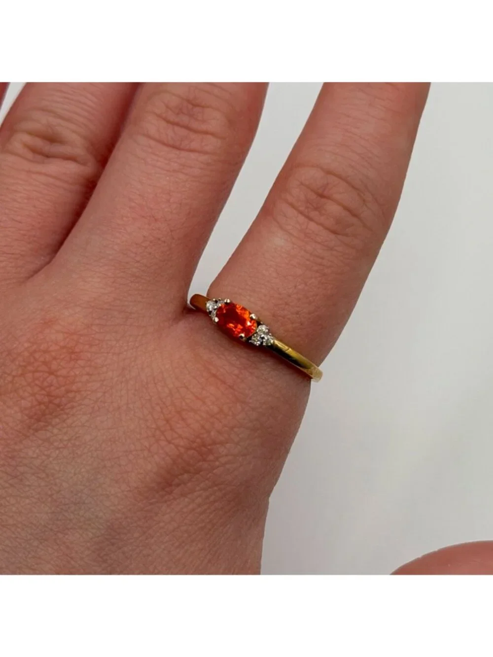Natural Fire Opal Diamond Solid 14K Yellow Gold Stud Ring Size 7.5